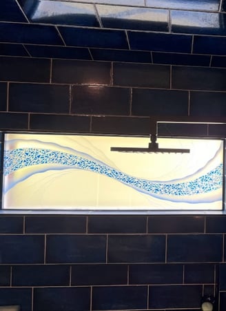 Window with Frosted Glass Abstract Cyclone Blue Design by Sans Soucie