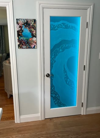 Edge Lit Glass with a sandblast Frosted Glass Oceanic Design Custom-Designed Decorative Etched Glass