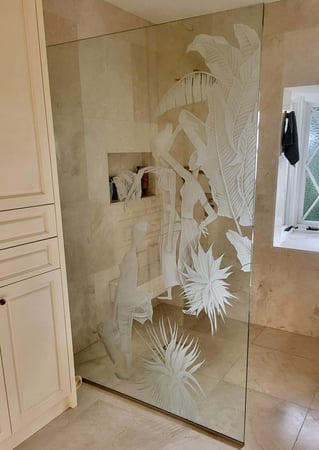 Shower Partition featuring Frosted Glass Design Etched Glass by Sans Soucie Art Glass with Custom African Design Nile Maidens