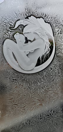 Shower Door featuring a Frosted Glass Oceanic Design Sandblast Etched Glass Mermaid and Child Design by Sans Soucie