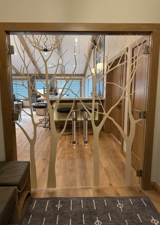 Shower Door with a Frosted Glass Sleek Trees Trees Design for Semi-Private by Sans Soucie Art Glass