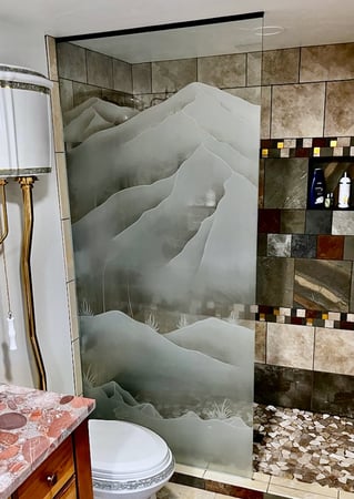 Shower Partition with Frosted Glass Desert Mountains Foliage Design by Sans Soucie