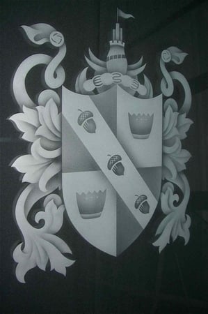 Interior Glass Insert featuring a Frosted Glass Logos Design Sandblast Etched Glass Family Crest Example Design by Sans Soucie