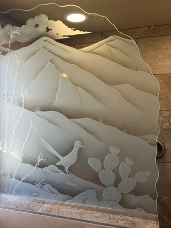 Shower Partition showcasing a Frosted Glass Desert Design with Sandblast Etched Glass Art by Sans Soucie Ocotillo Roadrunner Design