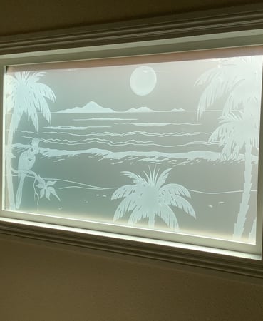 Window featuring Frosted Glass Design Etched Glass by Sans Soucie Art Glass with Custom Oceanic Design Cockatoo Palm Sunset