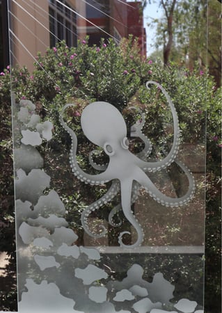 Cabinet Glass featuring Frosted Glass Design Etched Glass by Sans Soucie Art Glass with Custom Oceanic Design Octo Reef