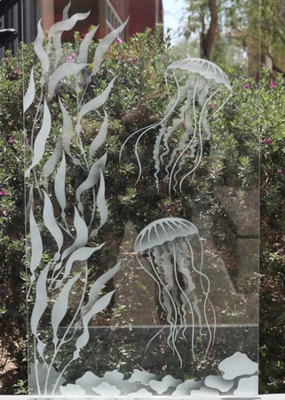 Cabinet Glass with a sandblast Frosted Glass Oceanic Design Custom-Designed Decorative Etched Glass