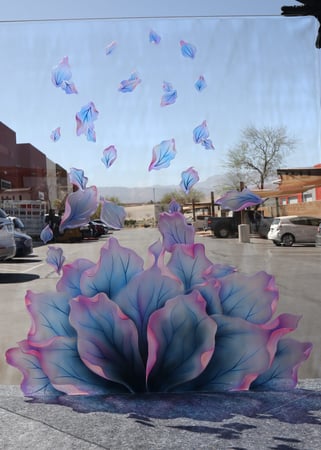 Partition showcasing a Frosted Glass Floral Design with Sandblast Etched Glass Art by Sans Soucie Petals Design