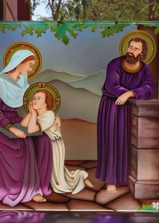 Window featuring Frosted Glass Design Etched Glass by Sans Soucie Art Glass with Custom Liturgical Design Mary & Joseph with Jesus