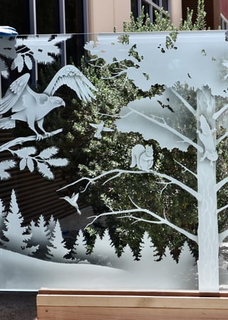 Partition with a Frosted Glass Woodland Scene Wildlife Design for Semi-Private by Sans Soucie Art Glass