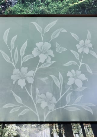 Partition with Frosted Glass Tropical Hibiscus Hummingbird Butterfly Design by Sans Soucie