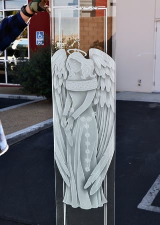 Window featuring a Frosted Glass Liturgical Design Sandblast Etched Glass Feathered Reverie Angel Design by Sans Soucie