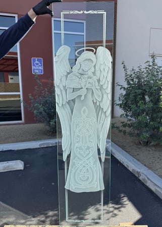 Window showcasing a Frosted Glass Liturgical Design with Sandblast Etched Glass Art by Sans Soucie Floral Serenity Angel Design
