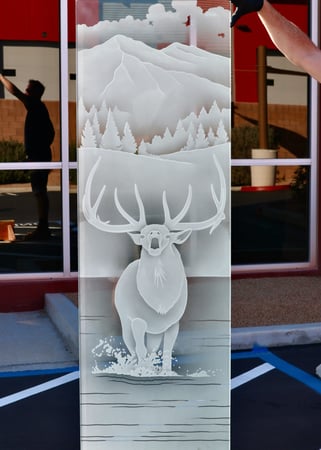 Window with a Frosted Glass Elk River Stroll Wildlife Design for Semi-Private by Sans Soucie Art Glass