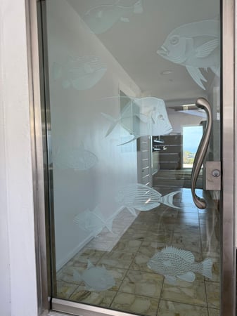 All Glass Front Door with a sandblast Frosted Glass Oceanic Design Custom-Designed Decorative Etched Glass