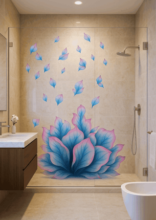 Shower Partition showcasing a Frosted Glass Floral Design with Sandblast Etched Glass Art by Sans Soucie Petals Design