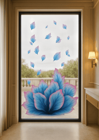 Window showcasing a Frosted Glass Floral Design with Sandblast Etched Glass Art by Sans Soucie Petals Design