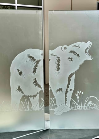 Partition featuring a Frosted Glass Wildlife Design Sandblast Etched Glass Roaring Grizzly Design by Sans Soucie