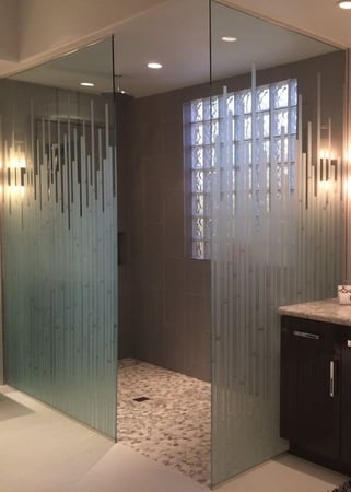 Partition featuring Frosted Glass Design Etched Glass by Sans Soucie Art Glass with Custom Geometric Design Mosaics