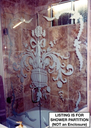 Shower Partition with Frosted Glass Floral Filigree Flowers Design by Sans Soucie