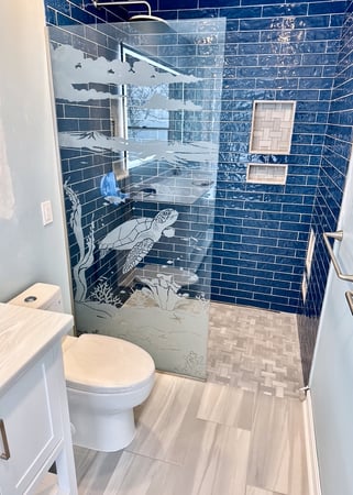 Shower Partition with Frosted Glass Oceanic Aquarium Sea Turtle Design by Sans Soucie