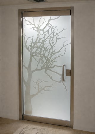 All Glass Front Door featuring a Frosted Glass Trees Design Sandblast Etched Glass Winter Tree Design by Sans Soucie