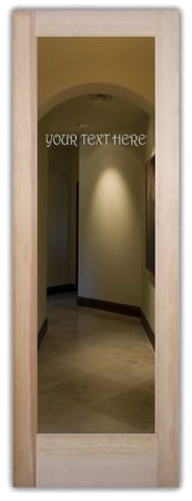 Bathroom Door showcasing a Frosted Glass Personalized Text Design with Sandblast Etched Glass Art by Sans Soucie Personalized Harrington Design