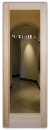 Bathroom Door showcasing a Frosted Glass Personalized Text Design with Sandblast Etched Glass Art by Sans Soucie Personalized Mona Lisa Design
