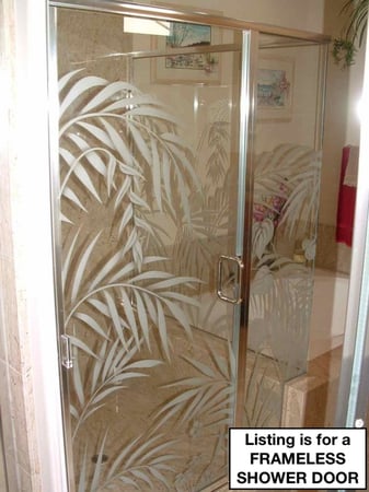 Shower Door showcasing a Frosted Glass Tropical Design with Sandblast Etched Glass Art by Sans Soucie Ferns Anthurium Design