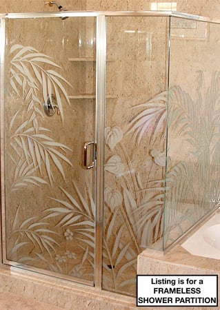Shower Partition showcasing a Frosted Glass Tropical Design with Sandblast Etched Glass Art by Sans Soucie Ferns Anthurium Design