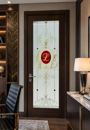 Interior Door with a Frosted Glass Heirloom Monogram Traditional Design for Private by Sans Soucie Art Glass