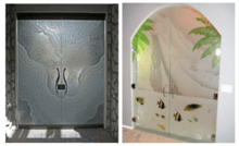 frameless glass doors one is an abstract design and second door is an Oceanic Fish Design Double Glass Doors sans soucie