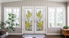 Gold Medallion Private 3D Enhanced Painted Frosted Glass Front Entry Exterior Glass Double Doors Farmhouse Decor Sans Soucie