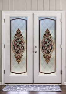 Royal Filigree Private 3D Enhanced Painted Frosted Glass Finish Pantry Door Double Door Pairs Glass Pantry Doors Sans Soucie
