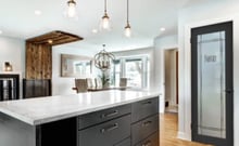 A modern kitchen with a frosted glass pantry door-Pantry door makeover ideas using frosted glass designs by Sans Soucie Art Glass