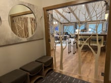 Frameless interior glass door with frosted artistic design | 13 Creative Ways to Use a Frameless Interior Glass Door
