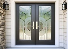 Handcrafted-Frosted-Glass-Front-Door-by-Sans-Soucie-Art-Glass-Setting-Sun-Odyssey-3D-Carved-Shaded-Gluechip-Frosted Glass Doors