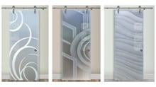Frosted Glass Barn Door collage featuring a variety of hand-carved and painted glass barn doors in farmhouse styles.