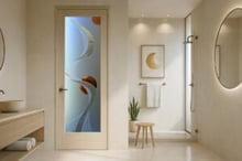 Frosted glass door for bathroom with 3D carved and painted abstract design, shown in a modern, neutral-toned bathroom.