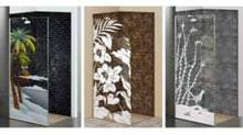 Three tempered glass shower panels with tropical, floral, and bird nature-themed etched designs.