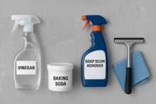 Collage of tools for how to clean soap scum off shower doors.