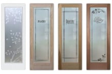 Collage of the most durable materials for kitchen pantry doors featuring frosted glass designs.