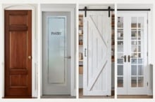 A collage of four different pantry door styles that never go out of style including a classic wood door, a frosted glass door, a white sliding barn door, and white French double doors.