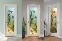 Sandblasted glass bathroom door with a colorful, hand-painted aquatic scene of fish, seaweed, and coral.