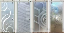 Professional-grade modern glass barn doors by Sans Soucie Art Glass. The meticulous and expert craftsmanship is visible in the unique geometric and abstract designs, demonstrating a trusted and durable product.