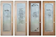 Frosted glass pantry doors with decorative pantry lettering and kitchen-themed etched designs in unfinished natural wood prehung doors ready for painting