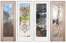 Four doors with mixed materials and decorative beveled glass panels: geometric, stained-glass, wavy, and abstract designs