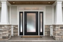 Black front door with frosted glass panel and sidelights offering high privacy and natural light