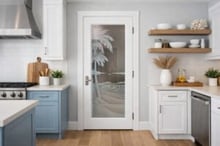 Frosted glass door with palm tree design in a coastal kitchen