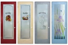 Colorful frosted glass pantry doors with painted designs and pantry lettering in red, cream, gray, and blue frames